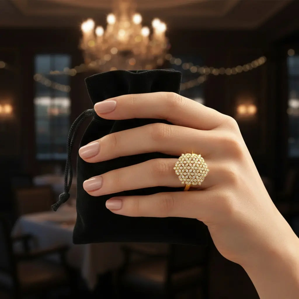Hand holding a black velvet bag with a gold ring featuring a large gemstone, blurred restaurant interior in the background