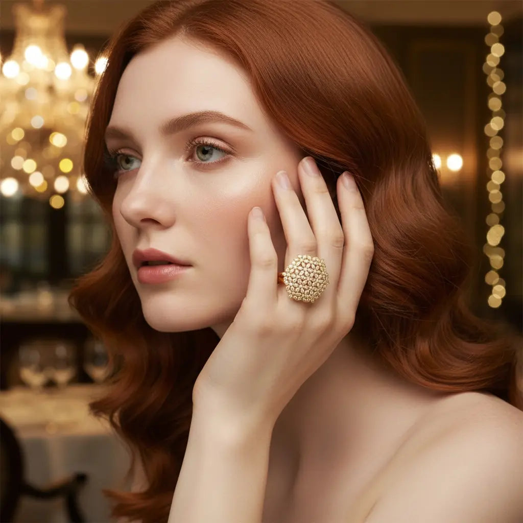 Woman with red hair wearing a gold ring in an elegant indoor setting