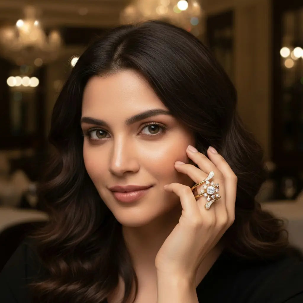 Woman wearing a diamond ring in an elegant indoor setting