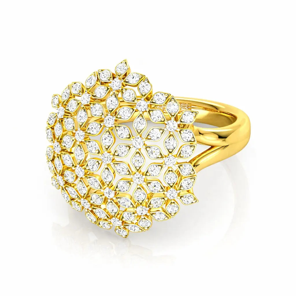 Gold ring with diamond accents on a white background