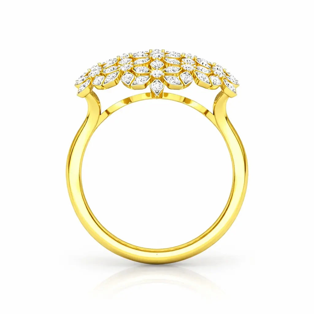 Gold ring with diamond accents on a white background