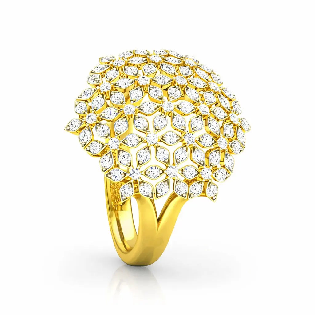 Gold ring with diamond-studded design on a white background
