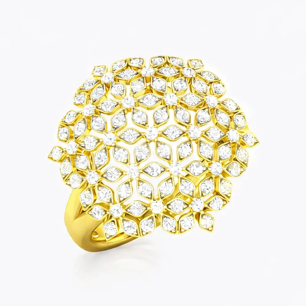 Gold ring with a diamond-studded design on a white background
