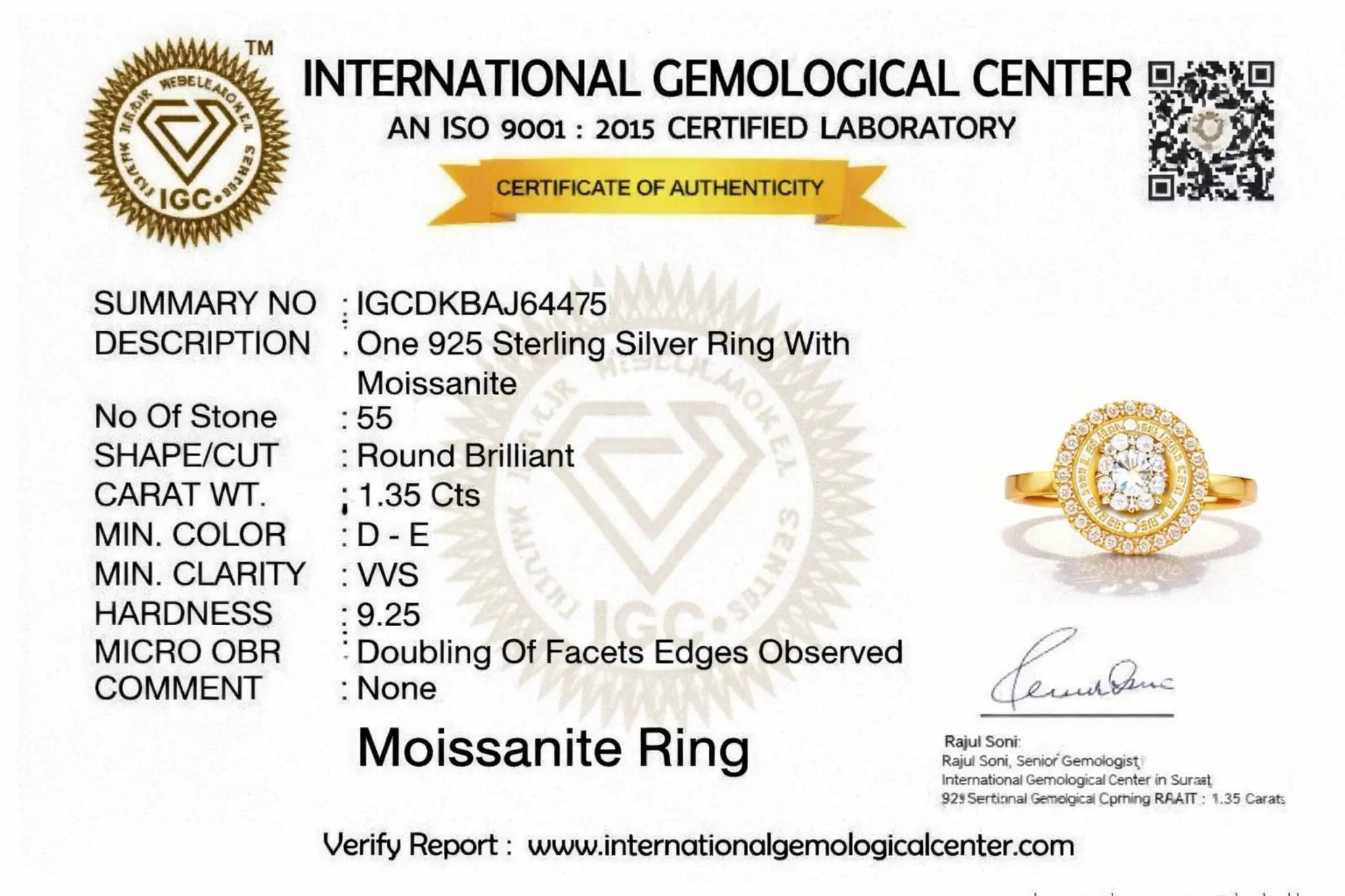 International Gemological Center certificate for a 925 Sterling Silver Ring with Moissanite