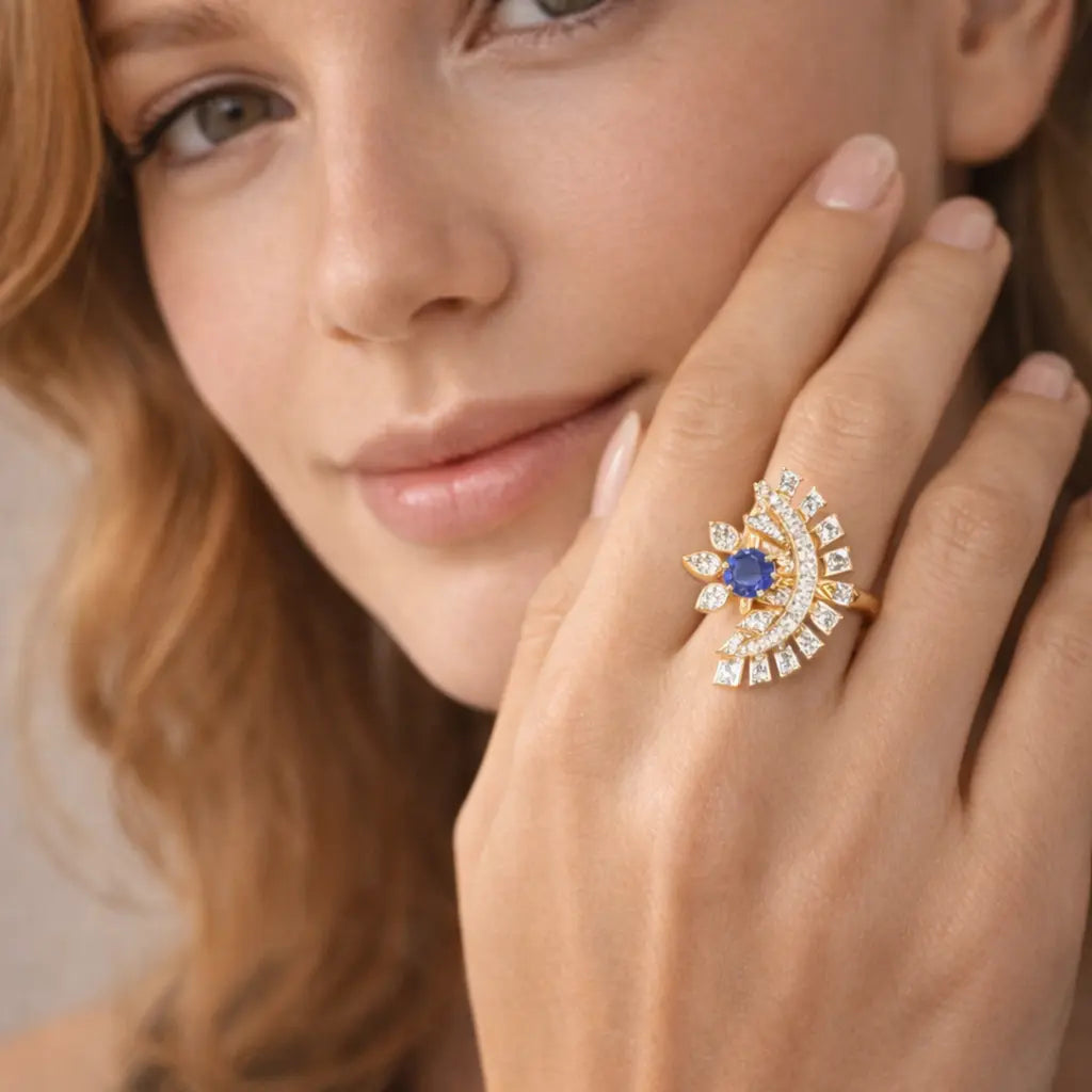 Close-up of a woman's hand wearing a gold ring with a blue gemstone.