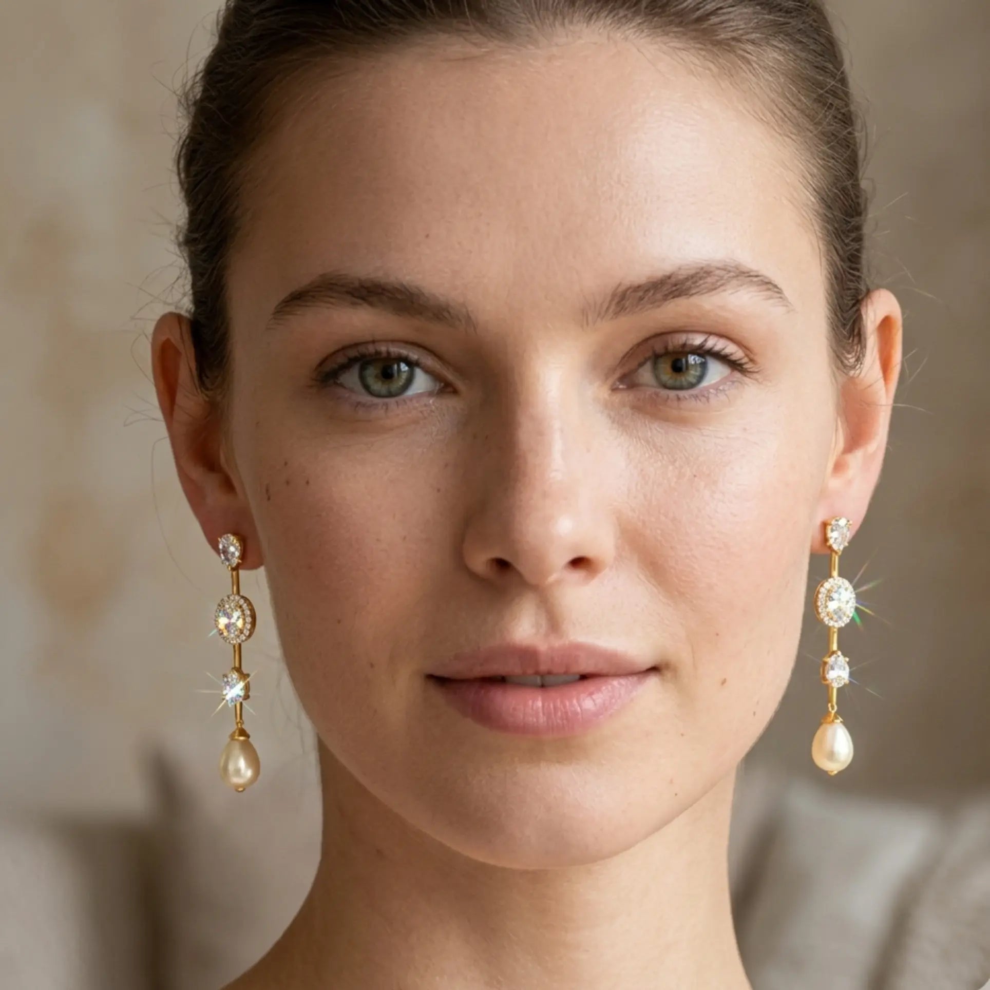 Close-up of a woman wearing elegant earrings with a neutral background