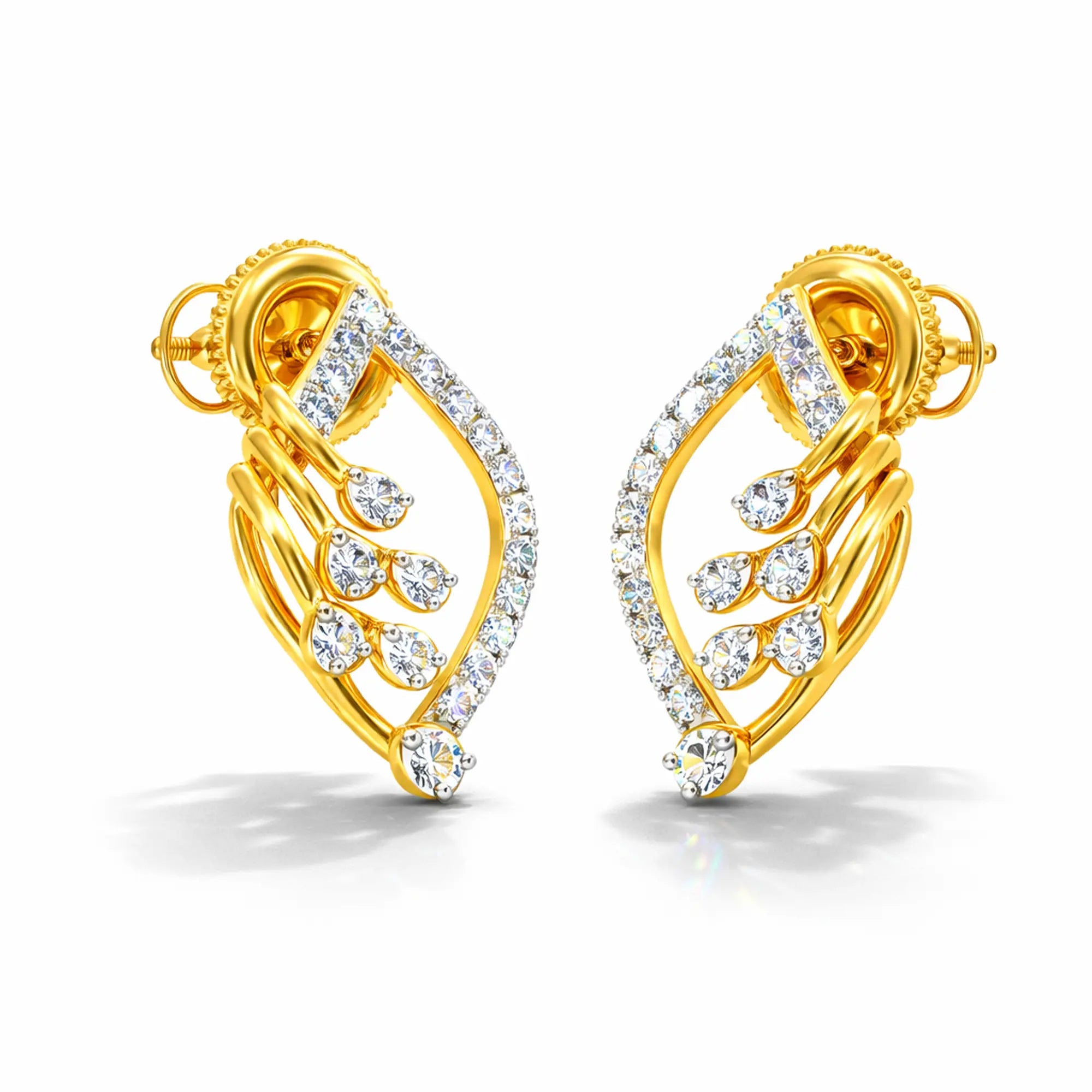 Gold earrings with diamond accents on a white background