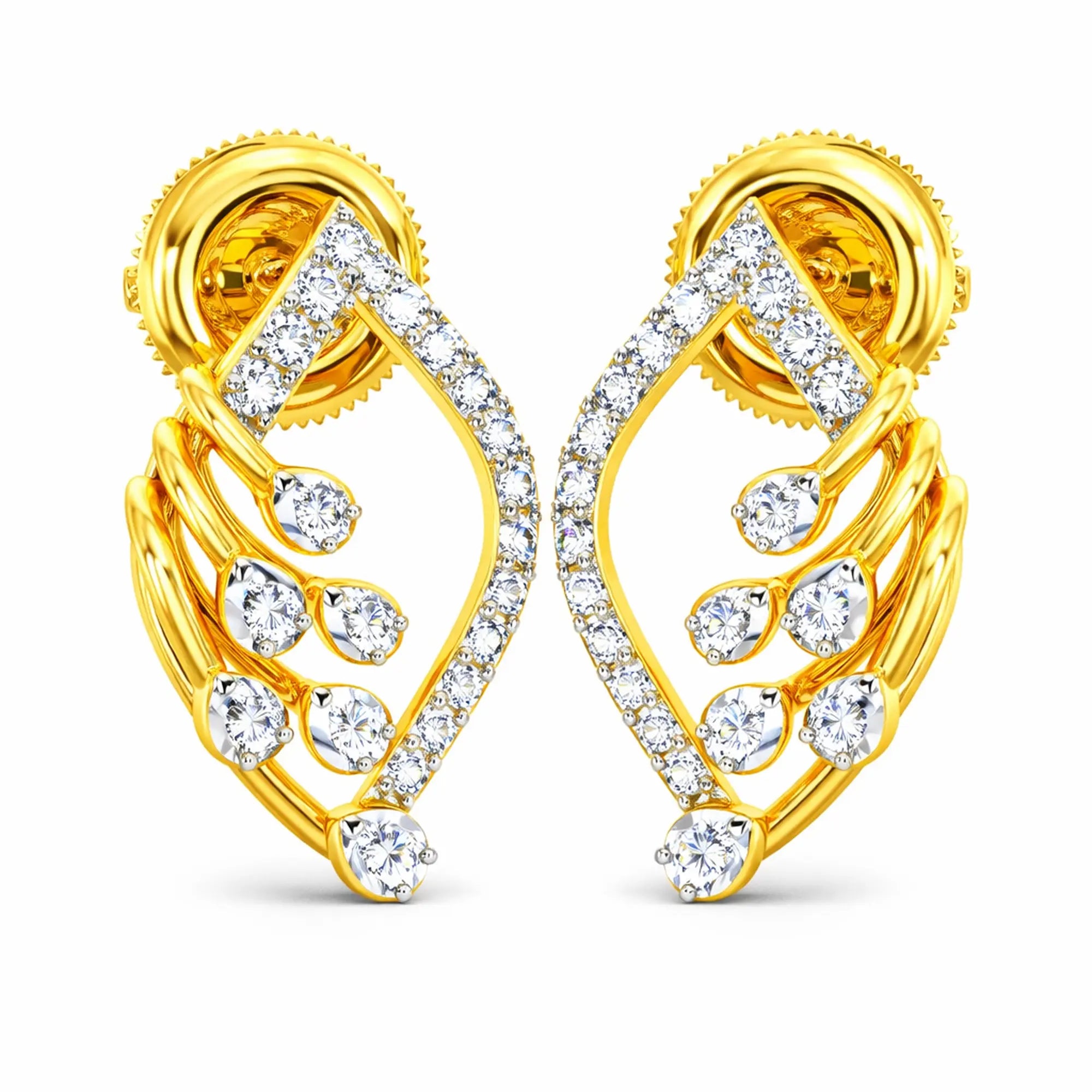 Gold earrings with diamond-like stones on a white background