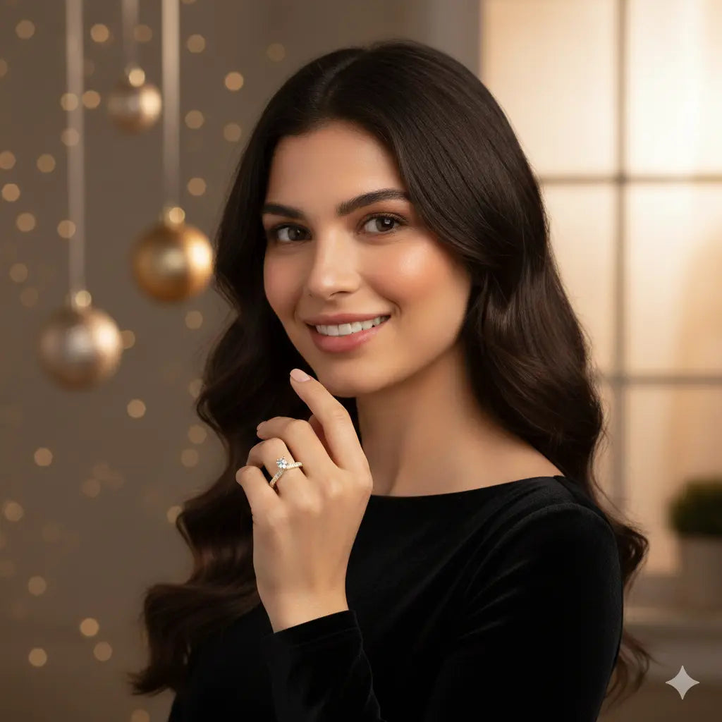 Woman wearing a black top with gold ornaments and lights in the background