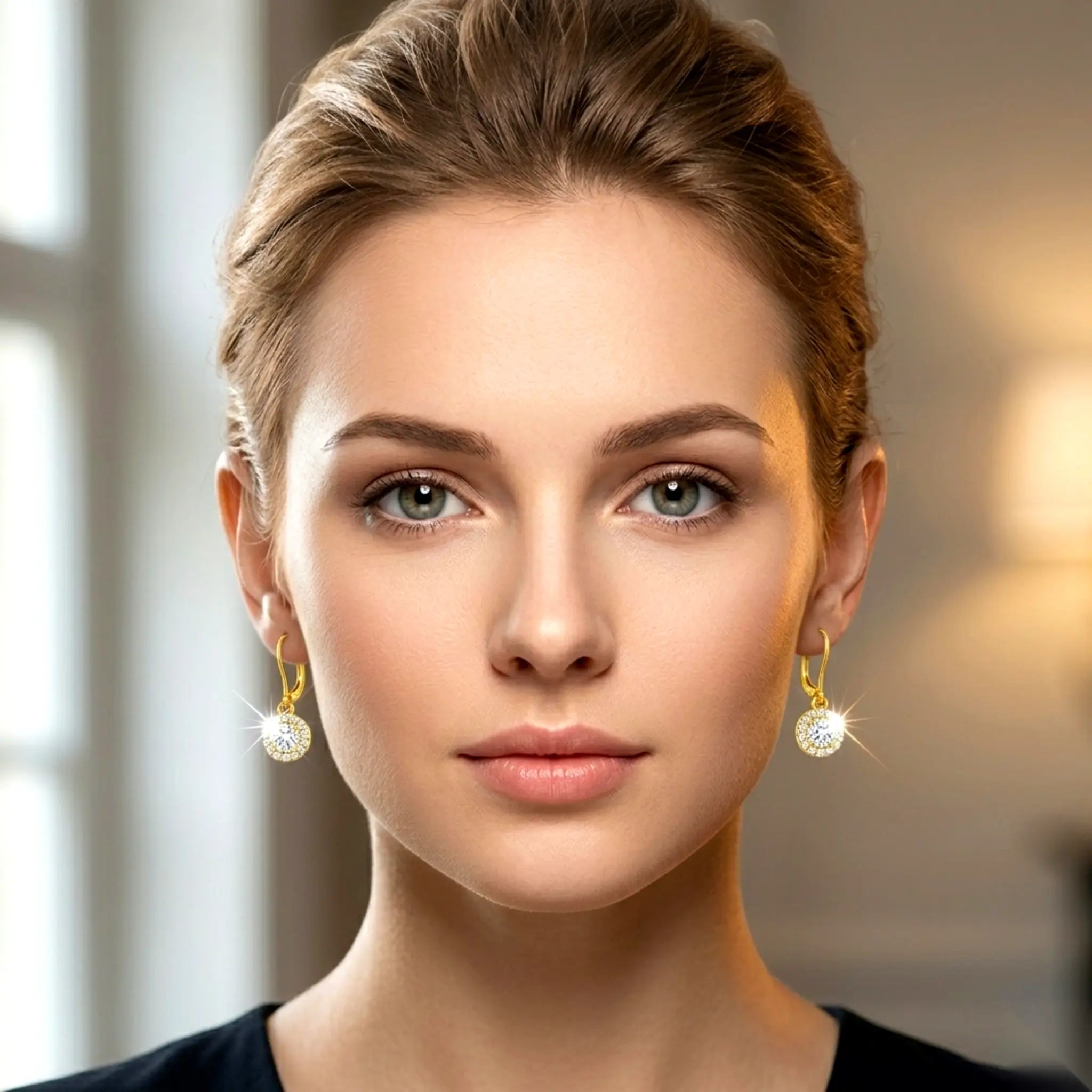 Close-up of a woman wearing gold earrings with a blurred background