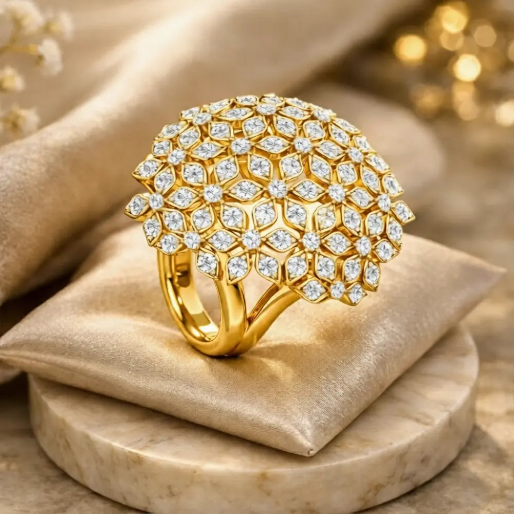Gold ring with diamond accents on a beige cushion