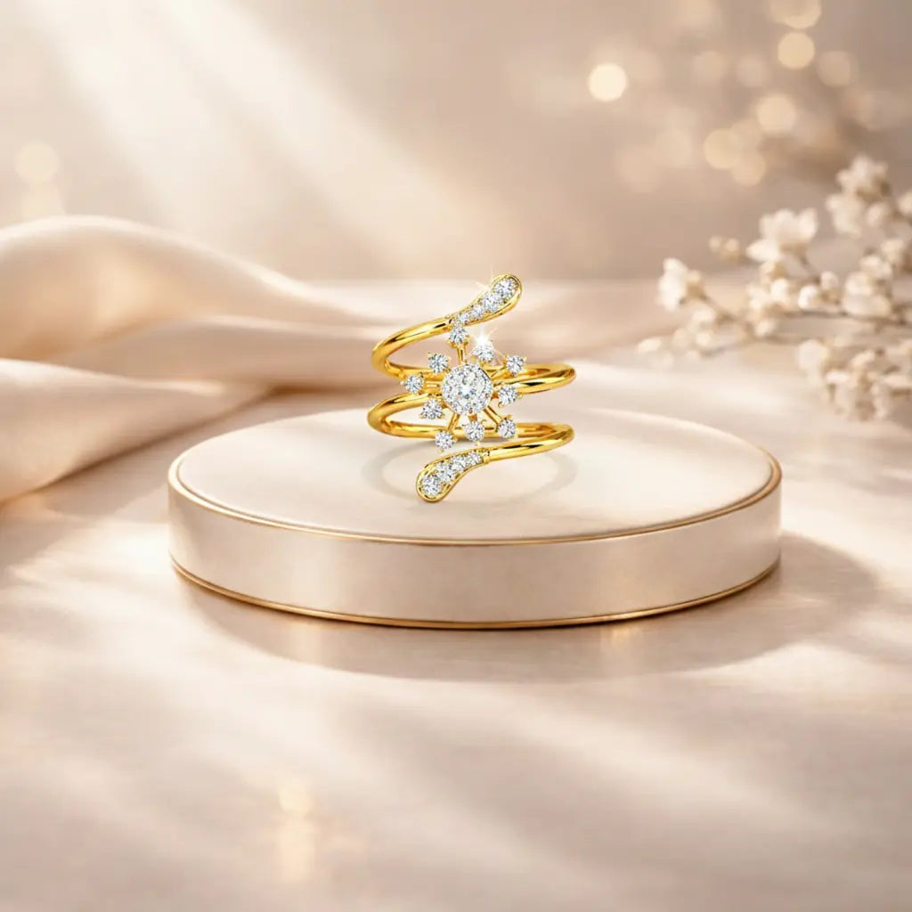 Gold ring with diamonds on a beige platform against a soft, blurred background
