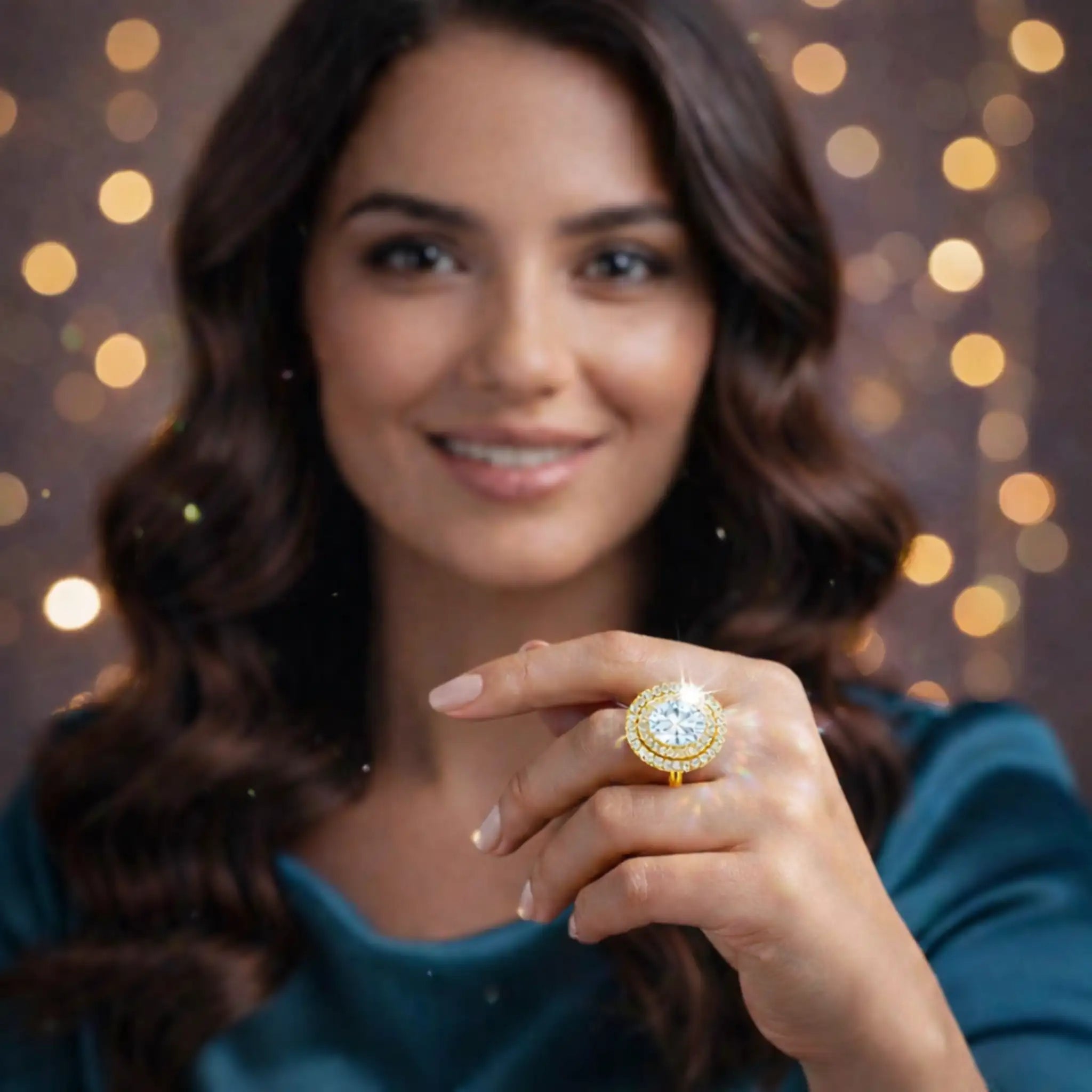 Woman wearing a gold ring with a large diamond against a bokeh light background