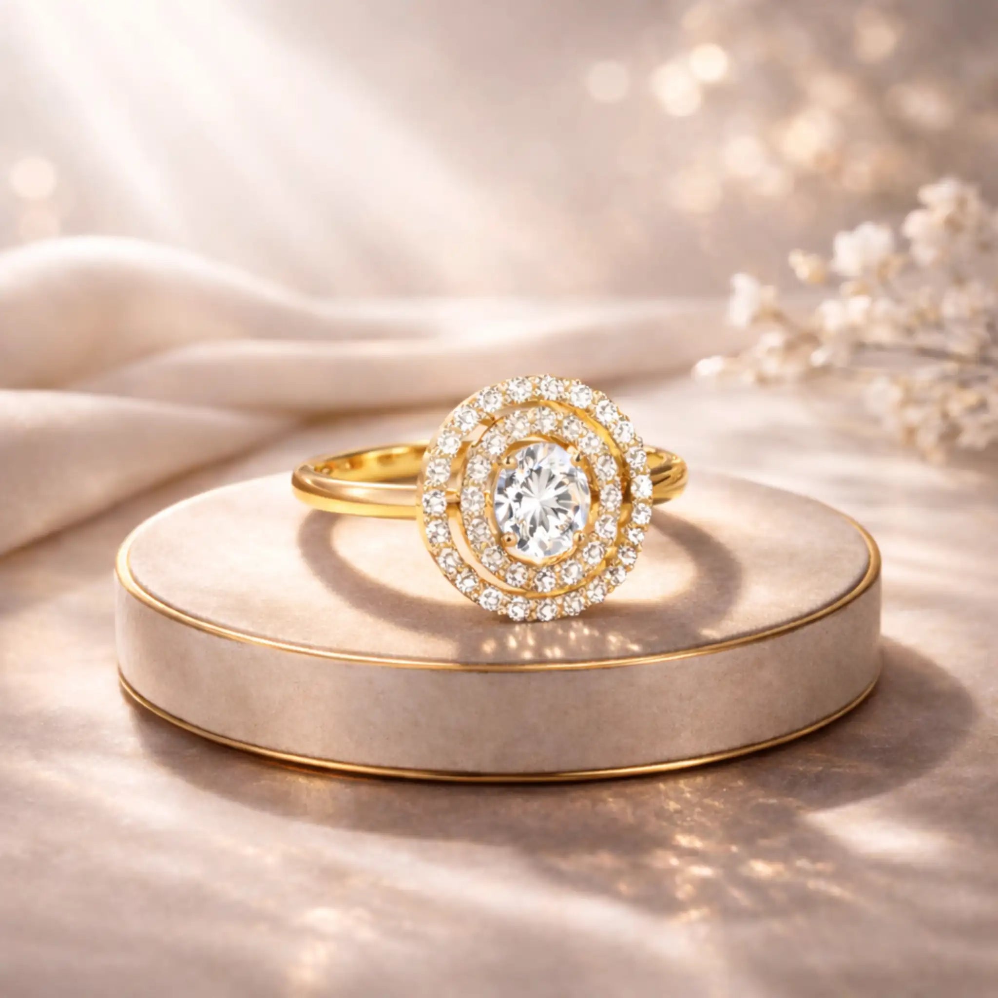Gold ring with a diamond on a beige cushion with a soft background