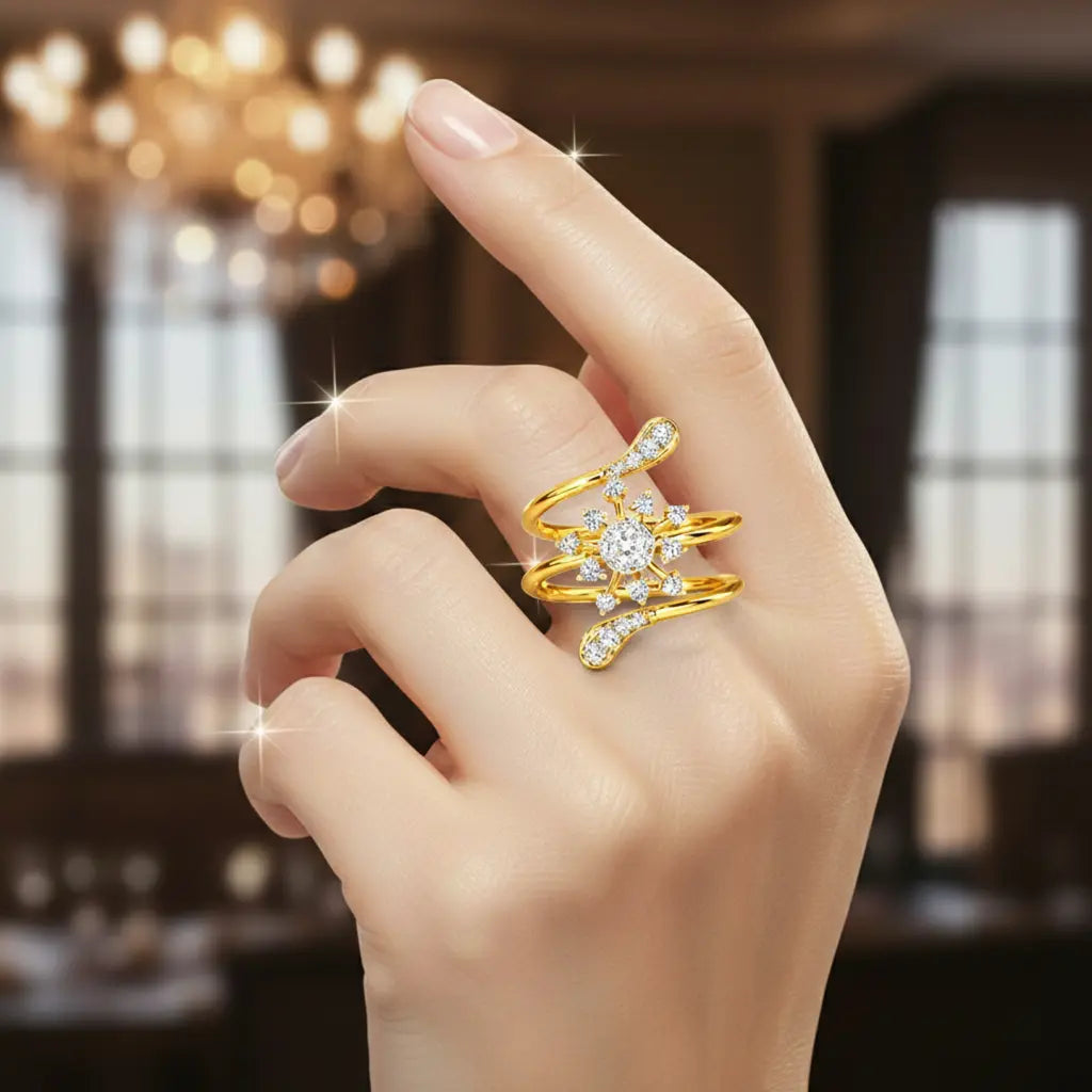 Hand wearing a gold ring with diamonds against a blurred indoor background